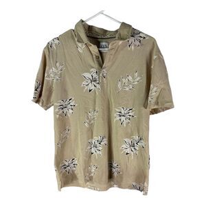 Zara Shirt Mens Large Button Up Beige Floral Hawaiian Casual Short Sleeve